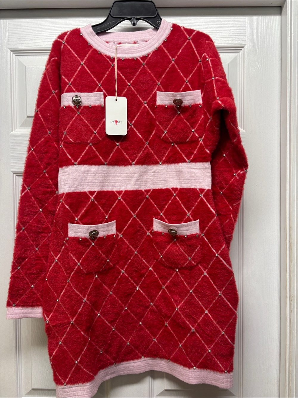 L'ATISTE Red and Pink Diamond Knit Sweater Dress Rhinestone Embellishment M New